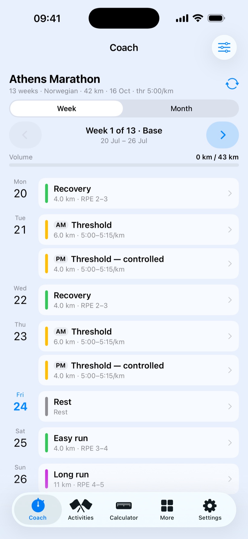 Dromeas AI Coach plan on iPhone: a 13-week Athens Marathon plan (Norwegian method) with a day-by-day calendar of threshold, recovery, easy and long-run sessions.