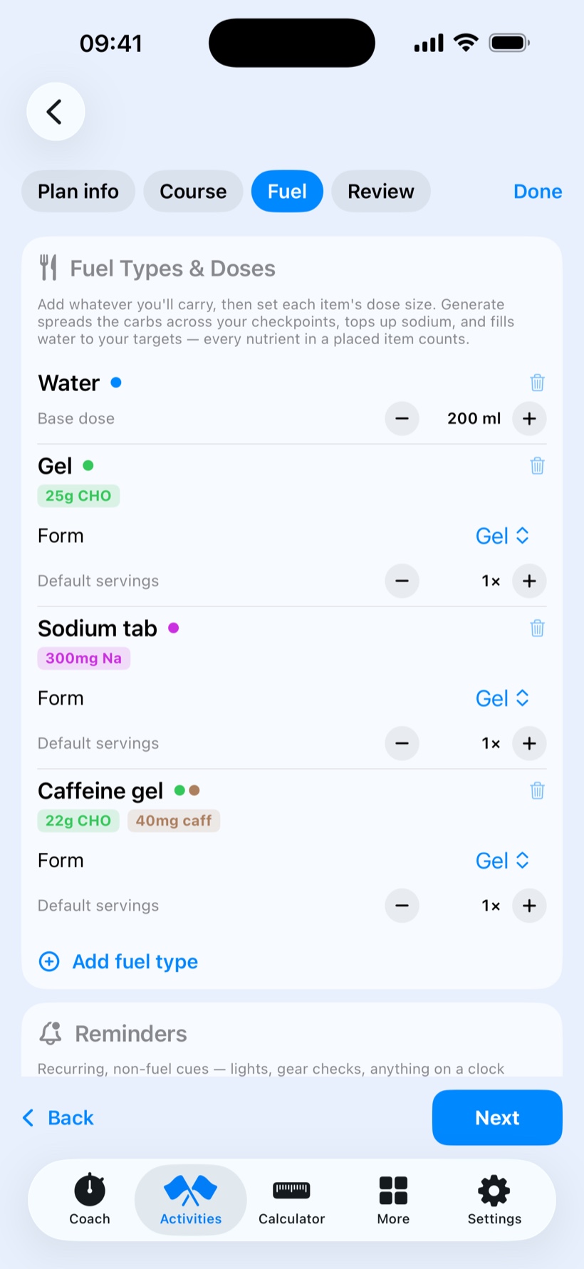 Dromeas race fuelling planner on iPhone listing water, gel, sodium tab and caffeine gel with their carbohydrate, sodium and caffeine doses.